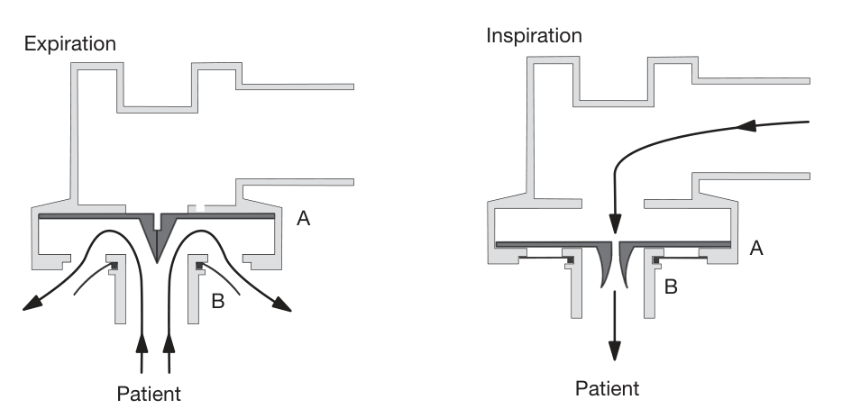 Envägsventil (non-rebreathing) i inspirationsfas (FRCA Fig 75.2).